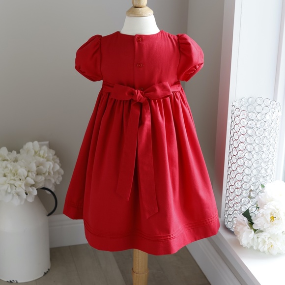 Girls Red Smocked Dress Hand- Embroidery Luli & Me Short Sleeve - Picture 5 of 10